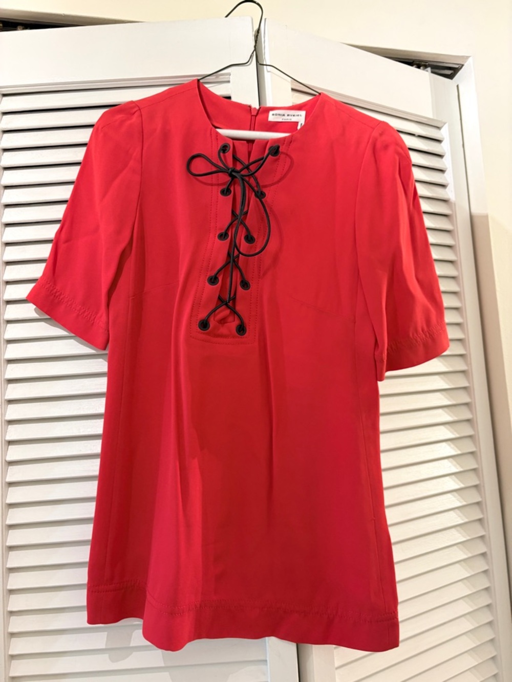 Sonia Rykiel Red Leather Lace-Up Short Sleeve Blouse 34 XS/S